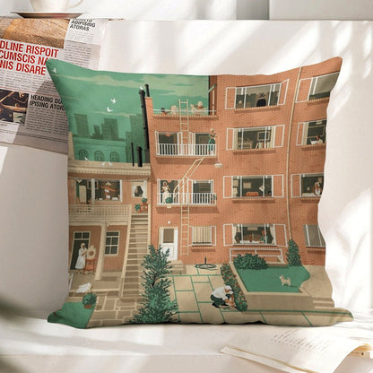 Travel Posters - Hitchcock's Rear Window - Greenwitch Village New York Linen Throw Pillow Cover