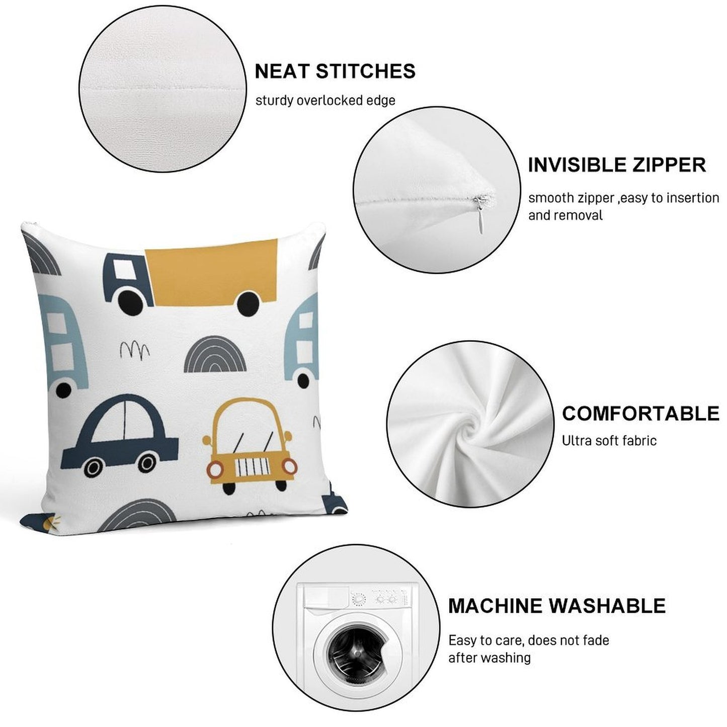 Kids Cars And Trucks Soft Washable Throw Pillow