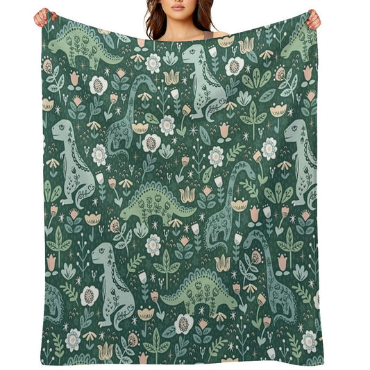 Folk Floral Dinosaur Throw Blanket