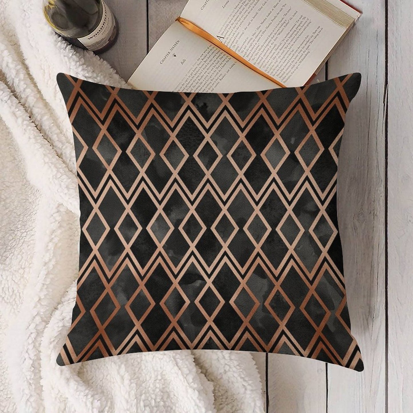 Copper And Black Geo Diamonds Linen Throw Pillow Cover