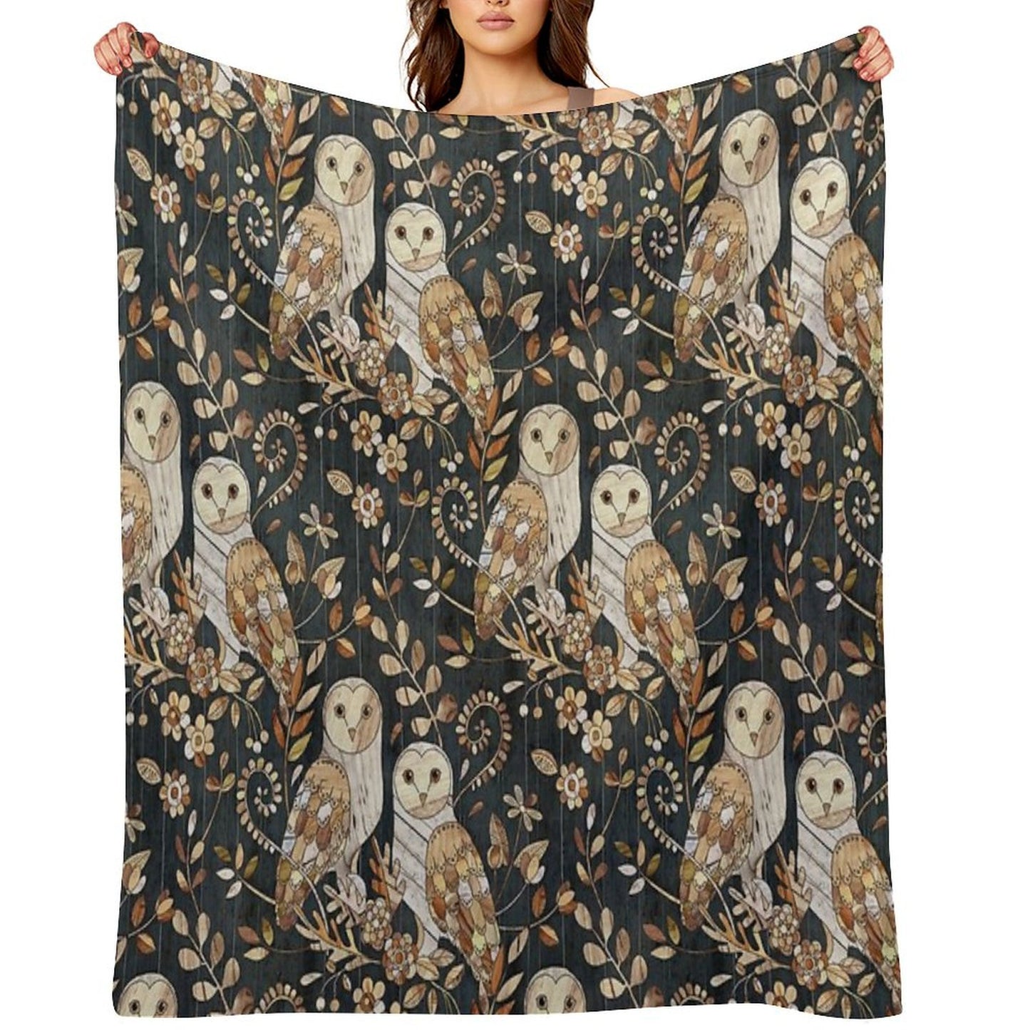 Wooden Wonderland Barn Owl Collage Throw Blanket