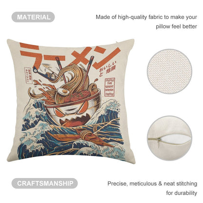 The Great Ramen Off Kanagawa Linen Throw Pillow Cover