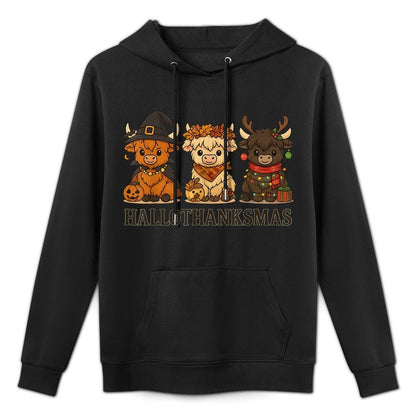 Hallothanksmas Highland Cow Trio Halloween Thanksgiving Relaxed Fit Hoodie