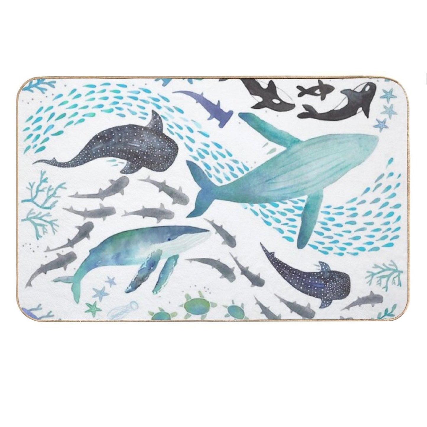 Sharks, Humpback Whales, Orcas & Turtles Ocean Play Print Bath Mat