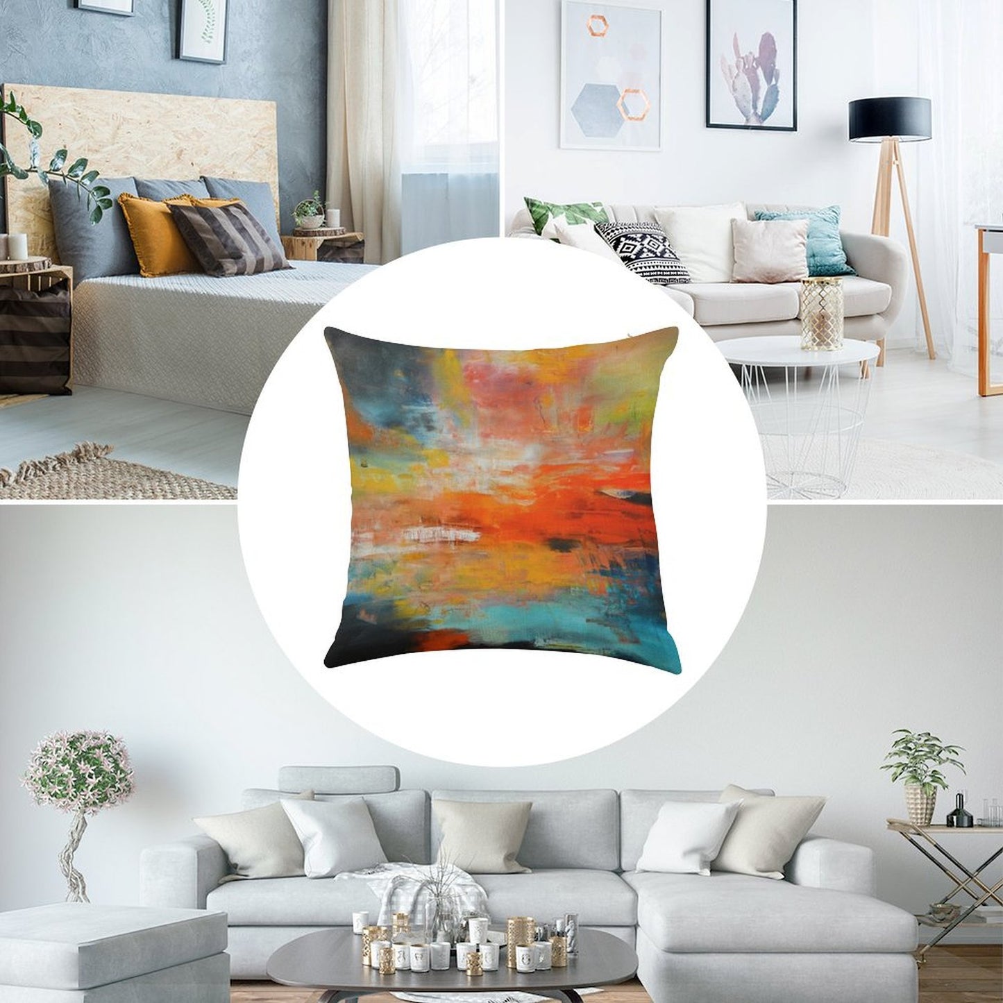 Red Abstract Sunset Landscape Painting Linen Throw Pillow Cover