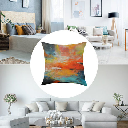 Red Abstract Sunset Landscape Painting Linen Throw Pillow Cover