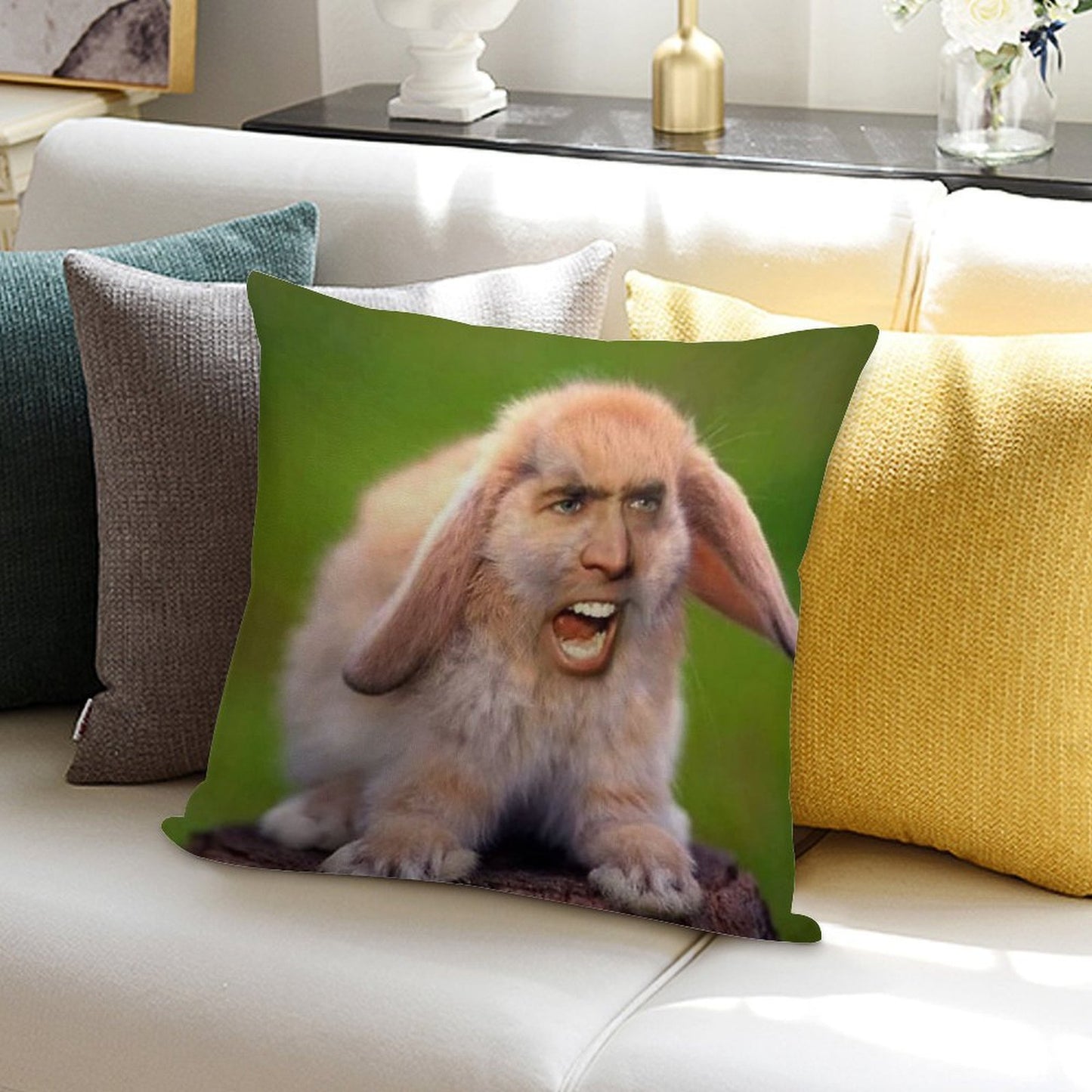 Nicolas Cage Bunny Photoshop Soft Warmth Comfort Throw Pillow