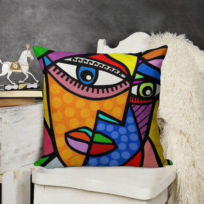 Funky Abstract Style Art Face with Dots And Stripes Linen Throw Pillow Cover