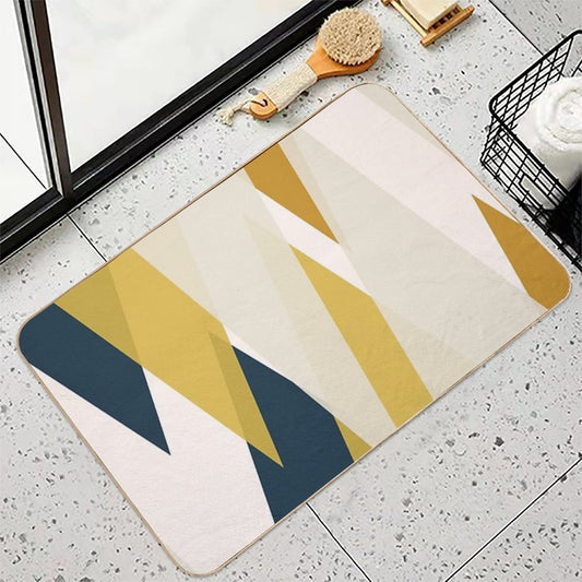 Triangular Abstract in Mustard Yellows, Navy Blue, And Blush Tones. Minimalist Geometric Bath Mat