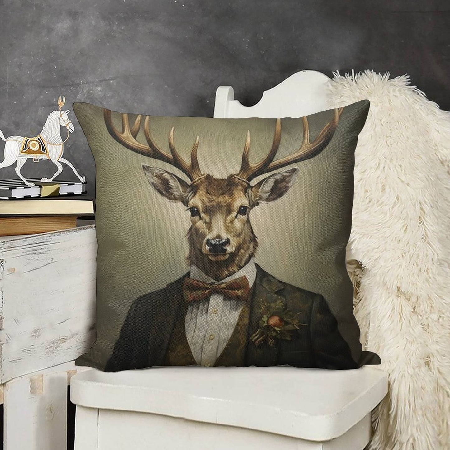 Dapper Deer Portrait Art Linen Throw Pillow Cover