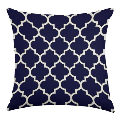 Navy Blue Quatrefoil Pattern Linen Throw Pillow Cover