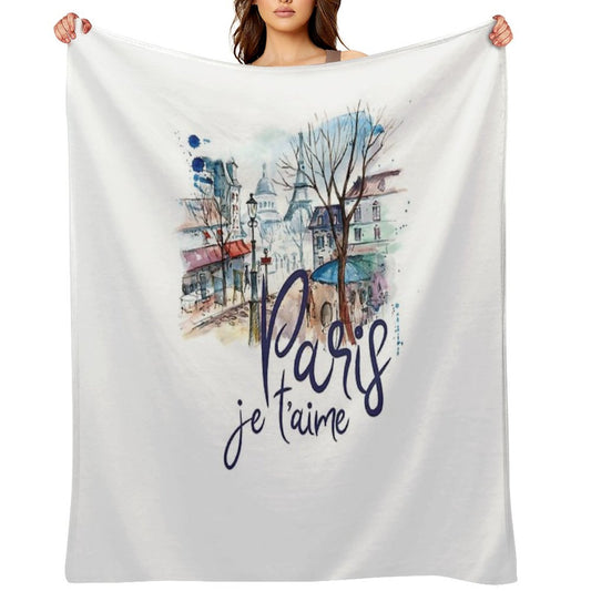 Paris Je T'aime Watercolor Calligraphy Art - France Souvenir Gifts Throw Blanket