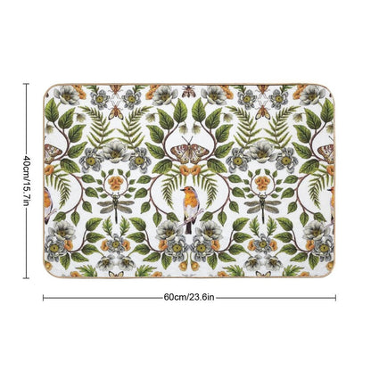 Spring Reflection - FloralBotanical Pattern W Birds, Moths, Dragonflies & Flowers Bath Mat