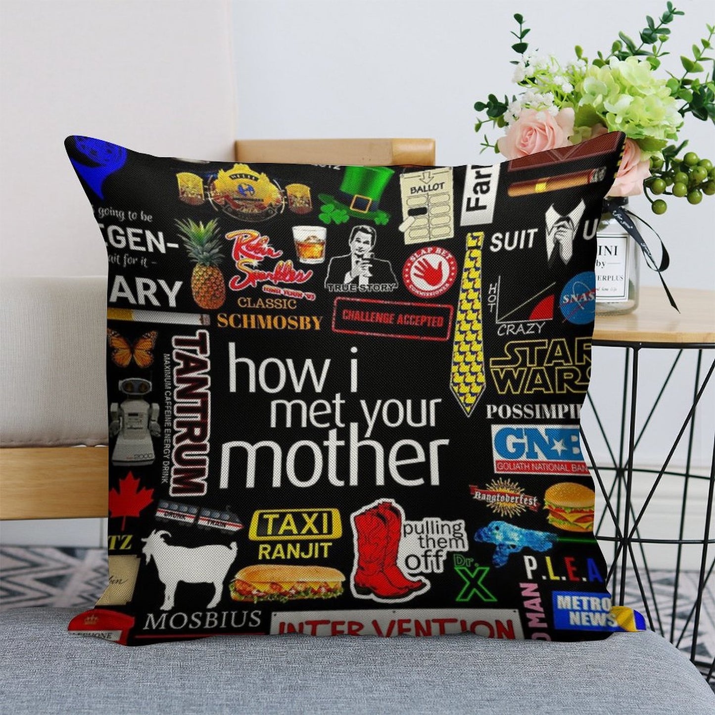How I Met Your Mother Collage Poster Iconographic - Infographic Linen Throw Pillow Cover