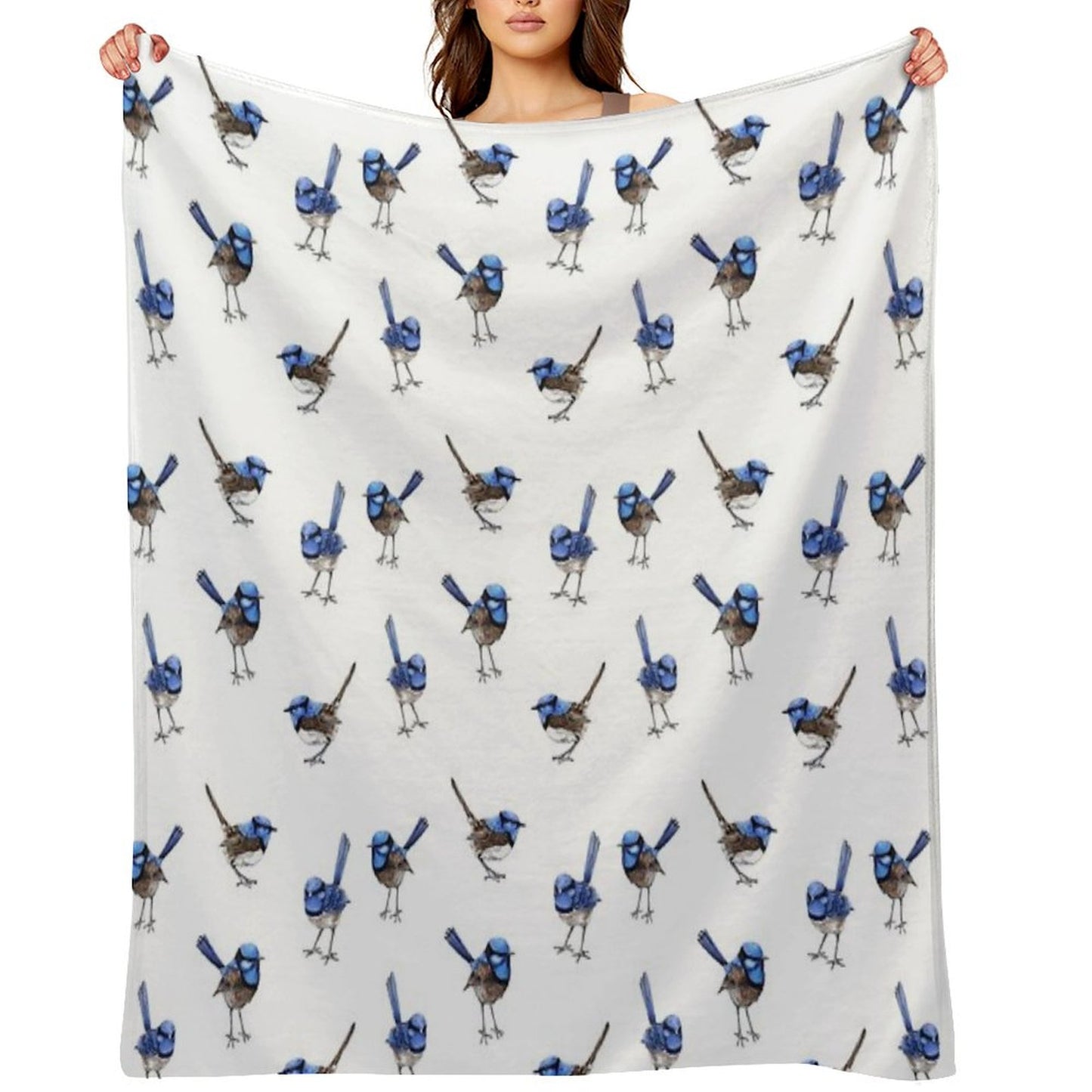 Blue Wrens, Scattered on White Throw Blanket