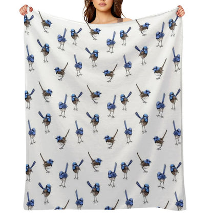 Blue Wrens, Scattered on White Throw Blanket