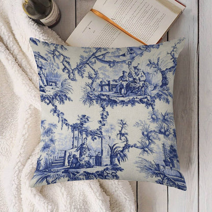 Blue Chinoiserie Toile Linen Throw Pillow Cover