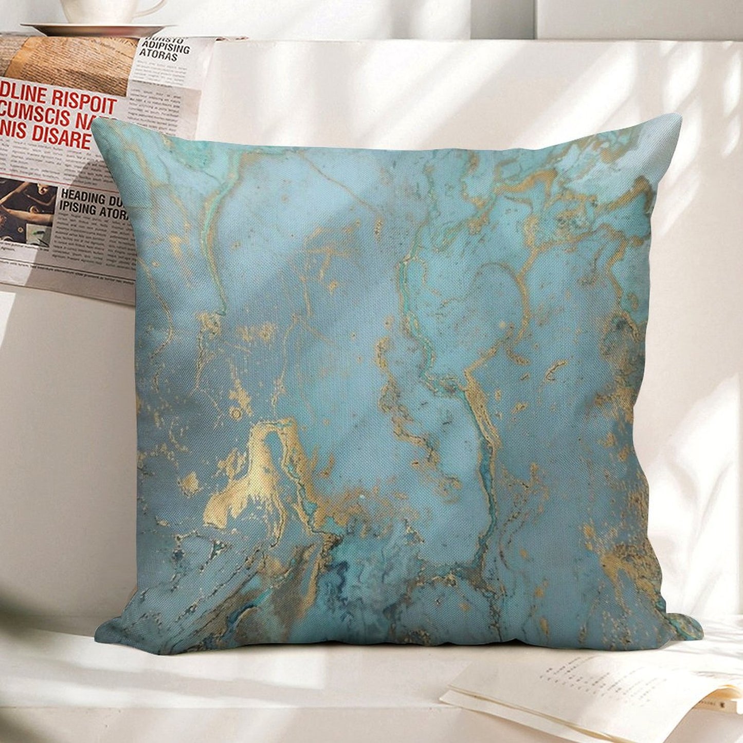 Marble Design - Gold Effect - Turquoise Blue, Teal Marbling Linen Throw Pillow Cover