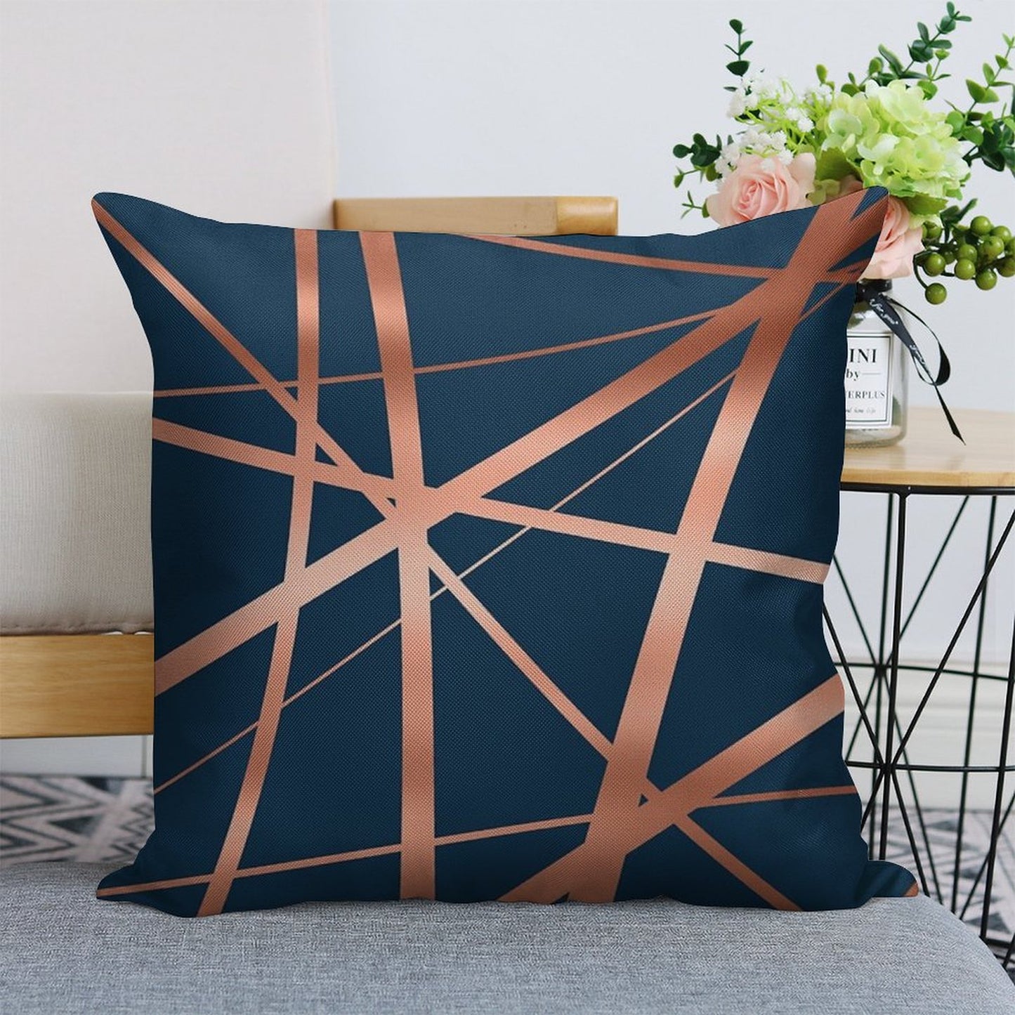 Navy Rose Gold Luxe Linen Throw Pillow Cover