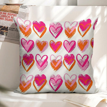 Pink And Orange Hearts Linen Throw Pillow Cover