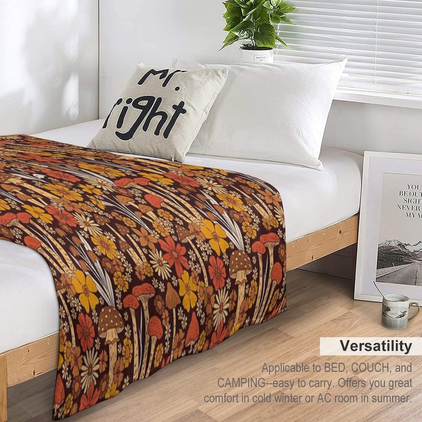Retro 1970s Brown & Orange Mushrooms & Flowers Throw Blanket
