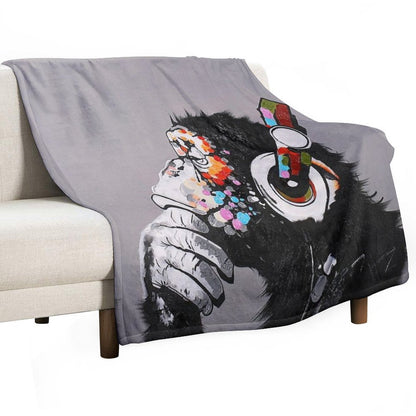 DJ Monkey With Headphones Thinking - Thinker Chimp Throw Blanket
