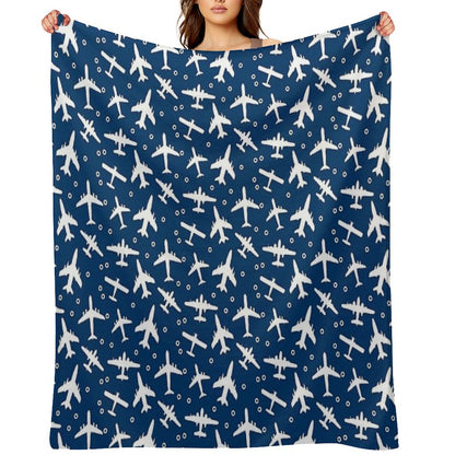 Blue And White Aeroplanes Silhouette Pattern Throw Blanket