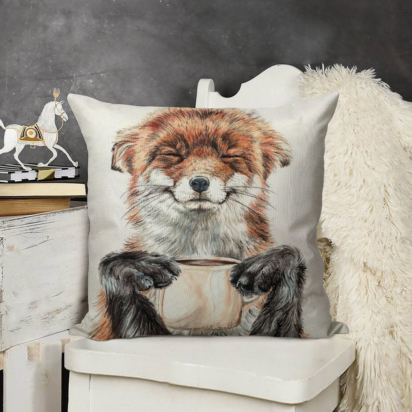 Morning Fox - Cute Coffee Animal Linen Throw Pillow Cover