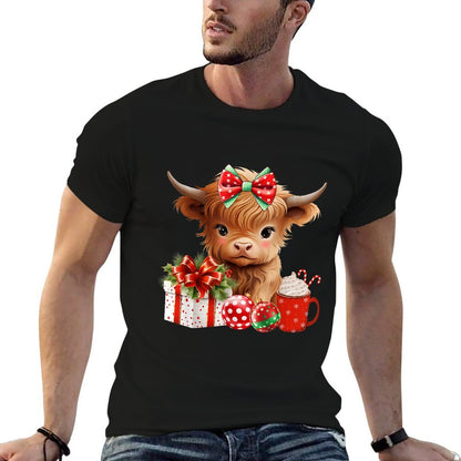 Cute Baby Highland Cow Merry Christmas Farmer Cow Xmas  Heathered Texture T-Shirt