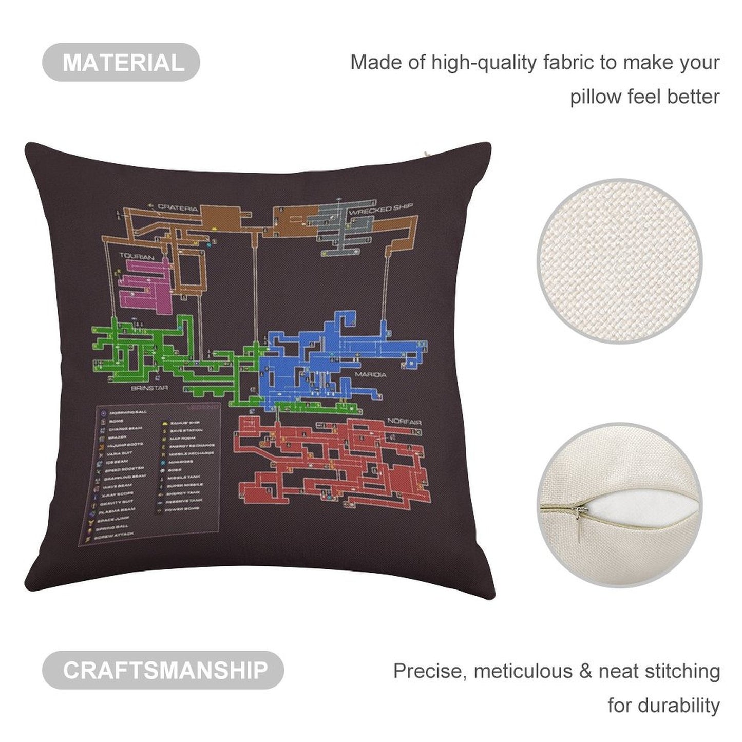 Super Metroid Map Linen Throw Pillow Cover
