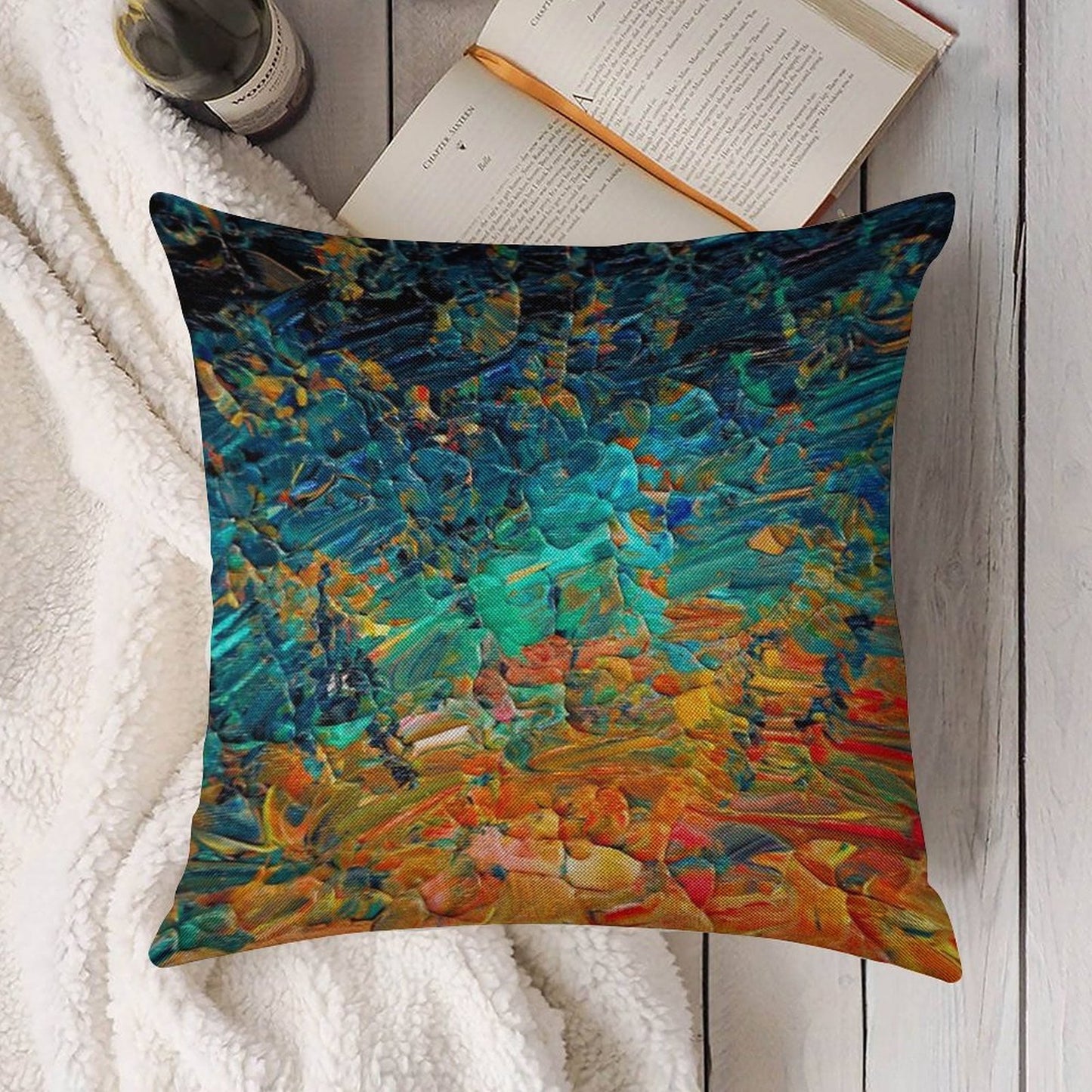 ETERNAL TIDE 2 Bold Rainbow Colorful Deep BlueTurquoise Aqua Orange Yellow Ombre Waves Abstract Acrylic Painting Linen Throw Pillow Cover