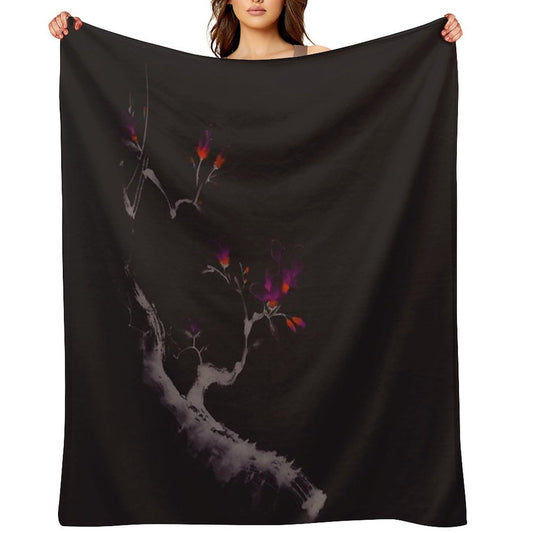 Enchanting Oriental Artwork of A Budding Sakura Branch with Deep Violet Flowers Art Print Throw Blanket