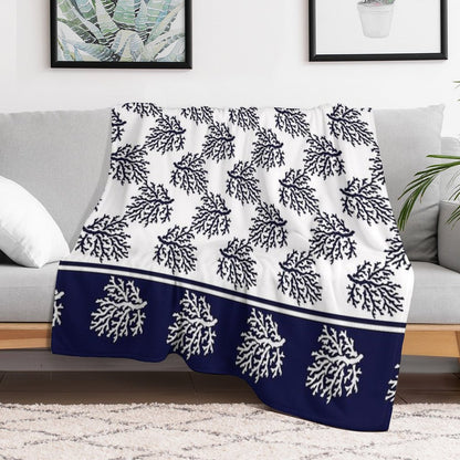White And Navy Blue Corals Pattern Throw Blanket