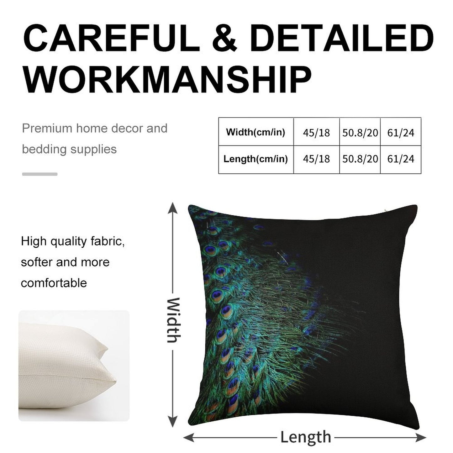 Peacock Feathers on A Black Background Linen Throw Pillow Cover