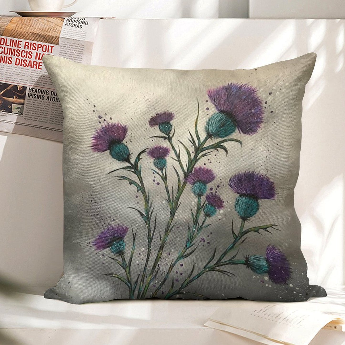 Scottish Traditional Purple Thistle Linen Throw Pillow Cover