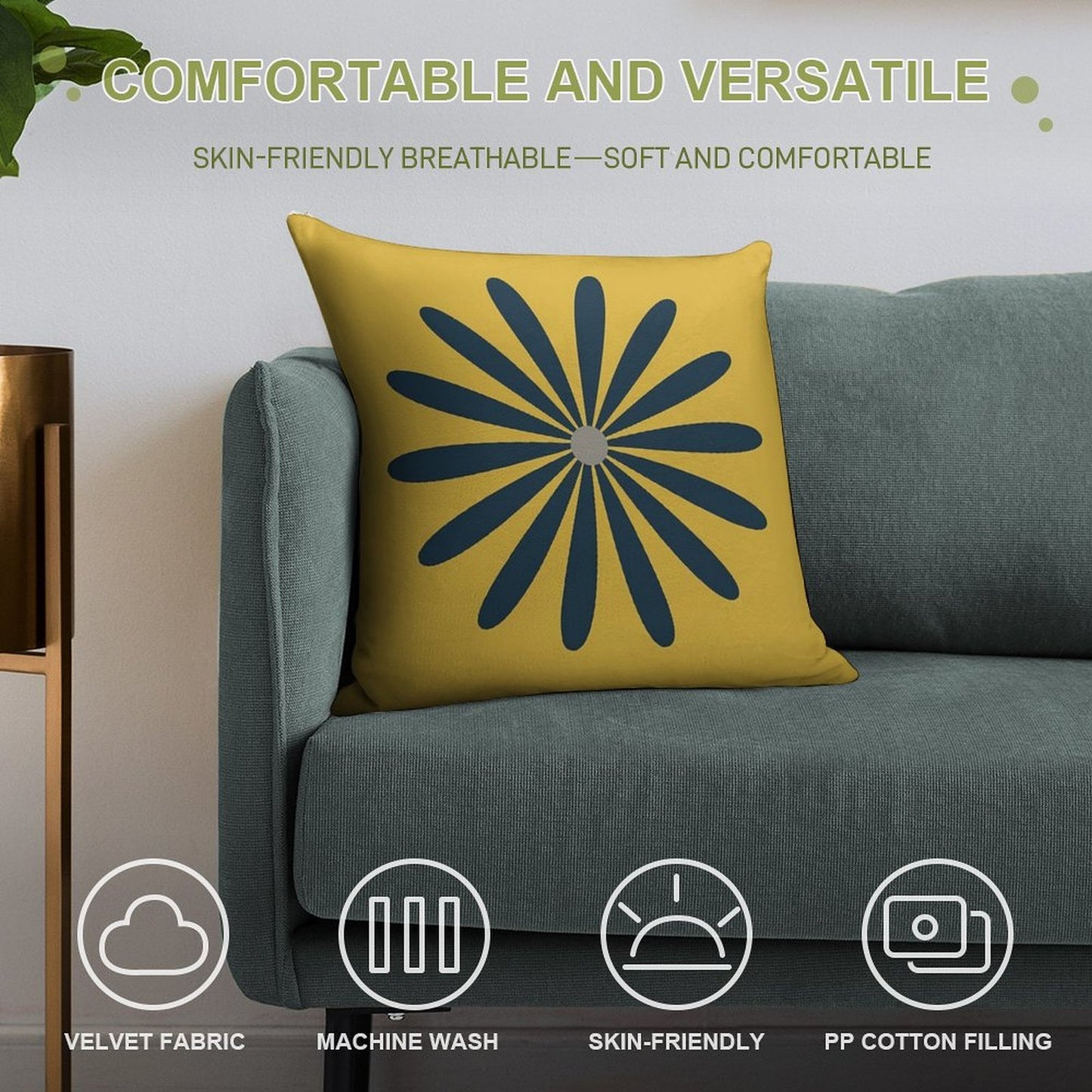 Big Daisy in Navy Blue And Grey on Light Mustard Yellow. Minimalist Mid Century Modern Geometric Retro Floral Soft Multiple Sizes Throw Pillow