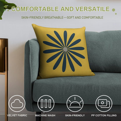 Big Daisy in Navy Blue And Grey on Light Mustard Yellow. Minimalist Mid Century Modern Geometric Retro Floral Soft Multiple Sizes Throw Pillow