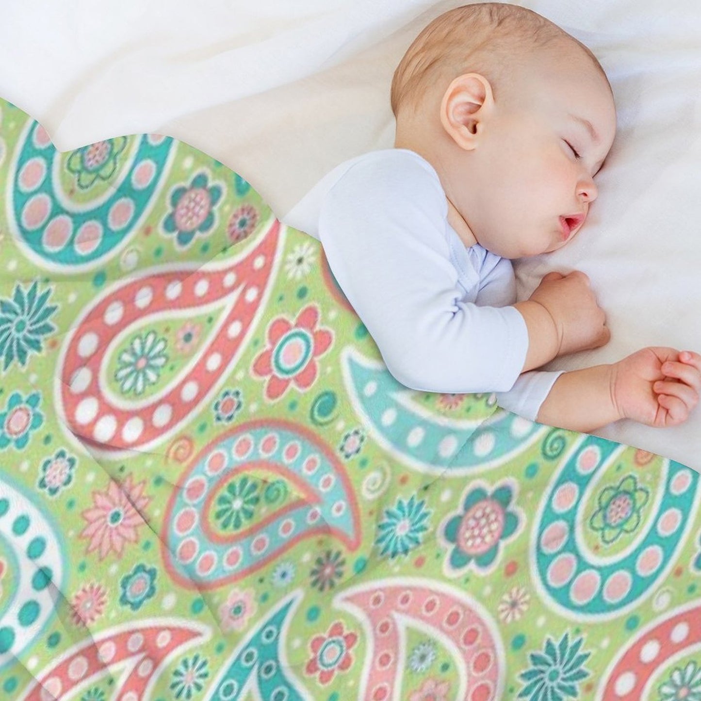 Paisley in Green, Turquoise Blue, Coral Pink And White Throw Blanket