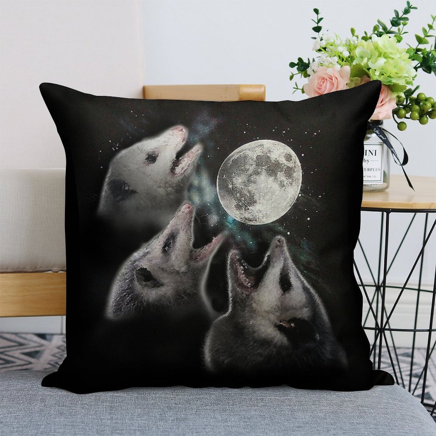 3 Opossum Moon Linen Throw Pillow Cover