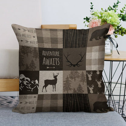 Adventure Patchwork - BrownBeige Linen Throw Pillow Cover