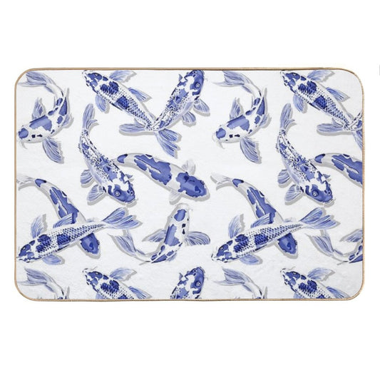 Blue And White Koi Fish Artwork – Zen Wall Decor for Home & Office Bath Mat