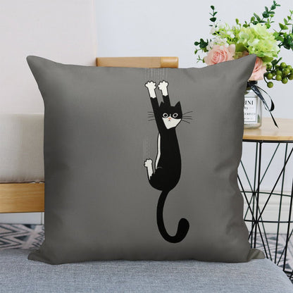 Black And White Cat Hanging On  Funny Tuxedo Cat Linen Throw Pillow Cover