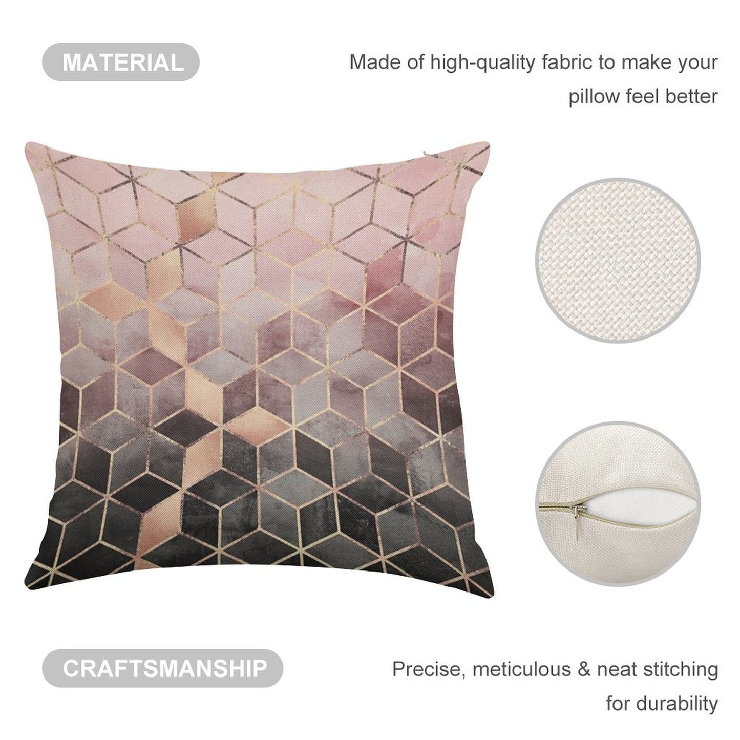 Pink And Grey Gradient Cubes Linen Throw Pillow Cover