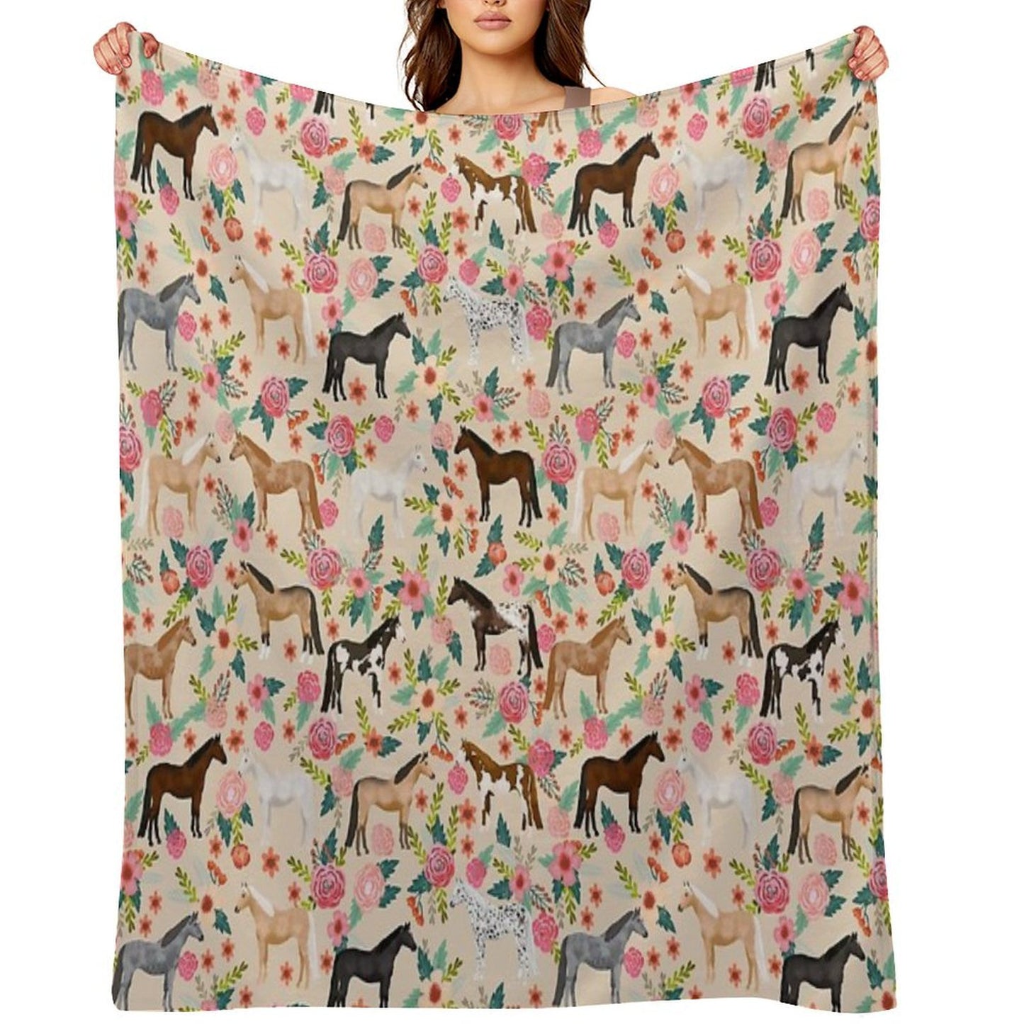 Horses Floral Horse Breeds Farm Animal Pets Throw Blanket