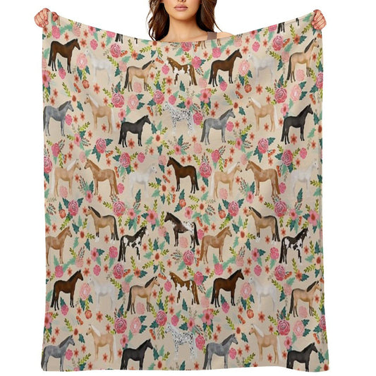 Horses Floral Horse Breeds Farm Animal Pets Throw Blanket