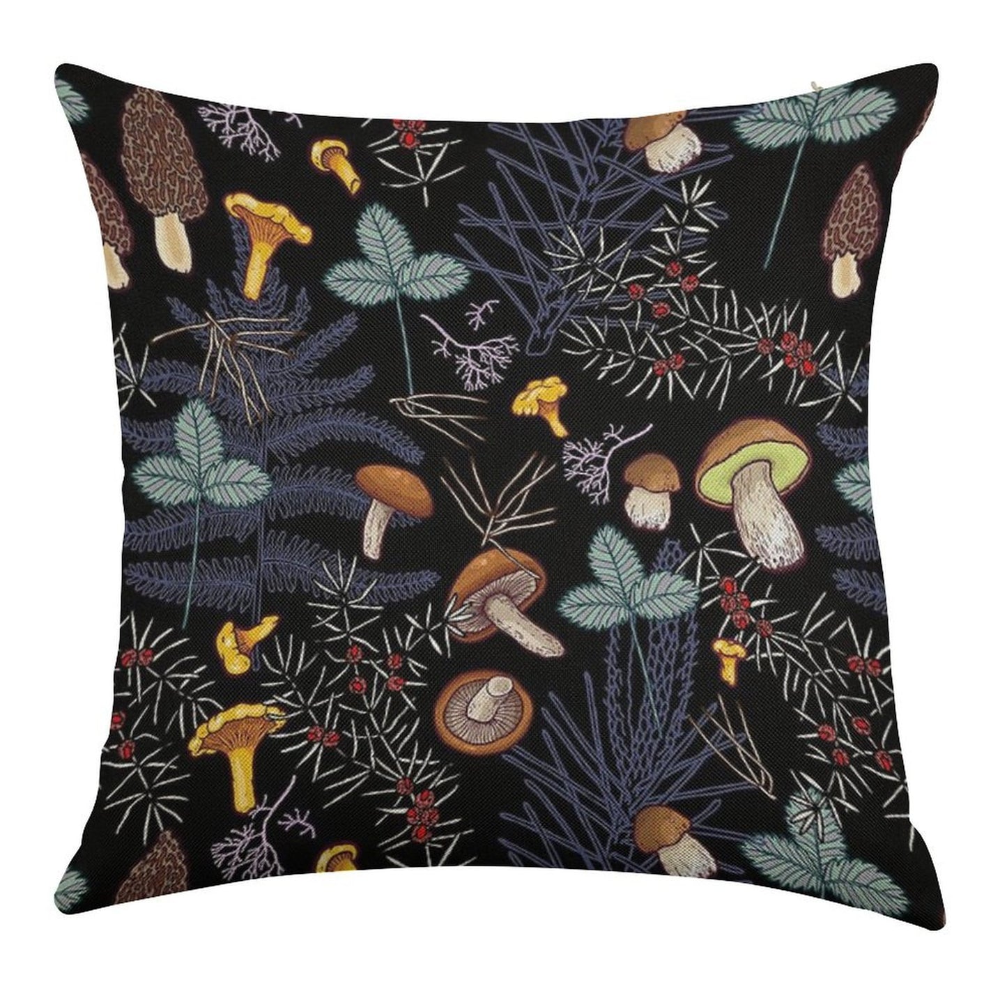 Dark Wild Forest Mushrooms Linen Throw Pillow Cover