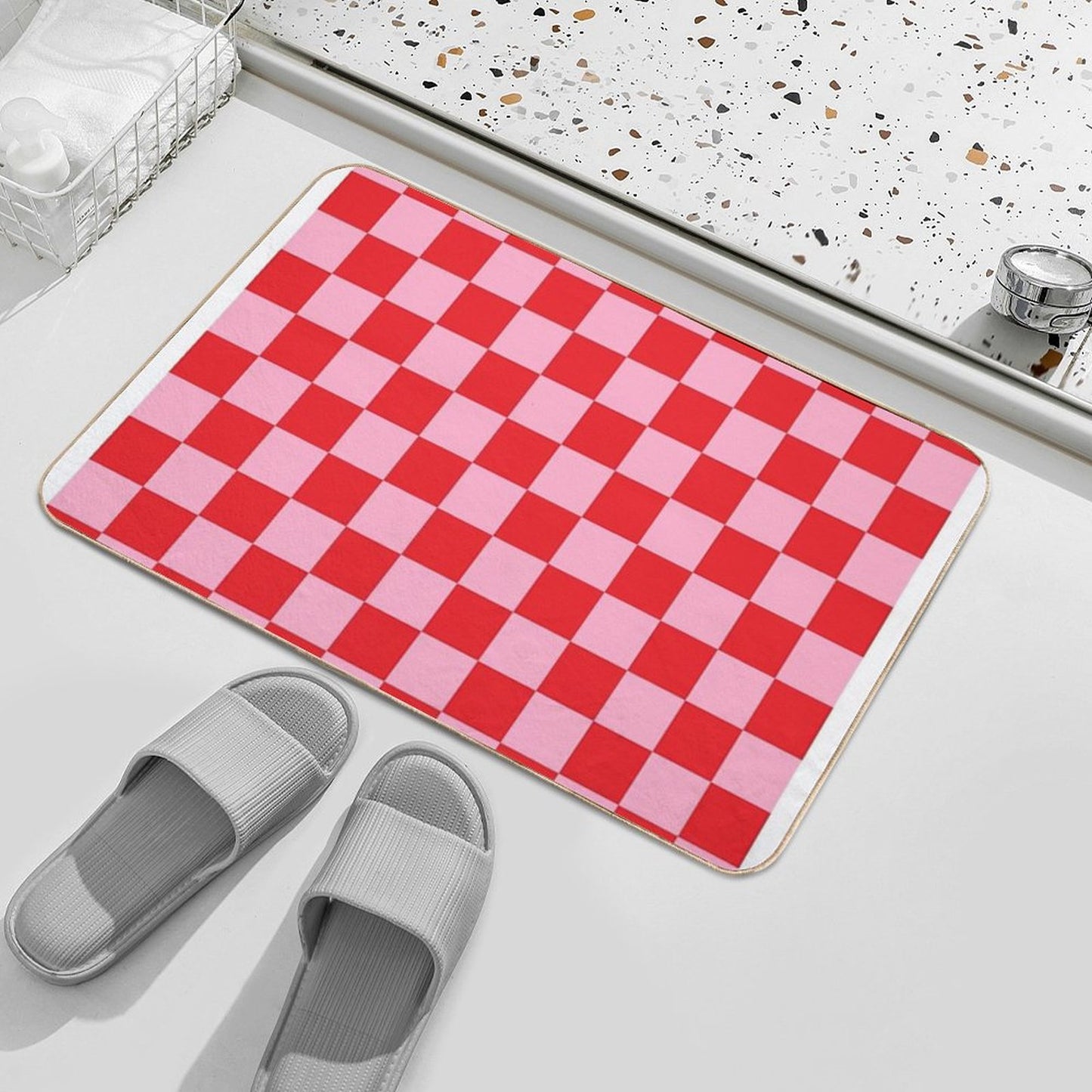 Checkered Pink And Red Bath Mat