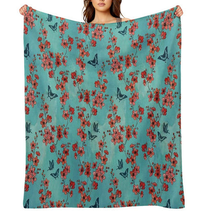 Sakura Butterflies in Turquoise Throw Blanket