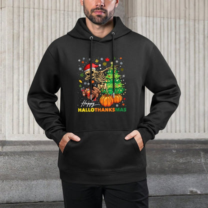 Happy Hallothanksmas Halloween Thanksgiving Christmas Breathable Fabric Hoodie