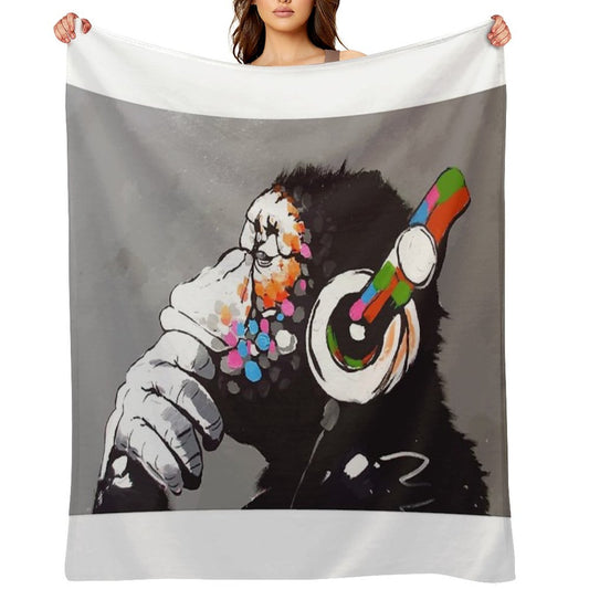 Banksy DJ Monkey Thinker with Headphones Throw Blanket